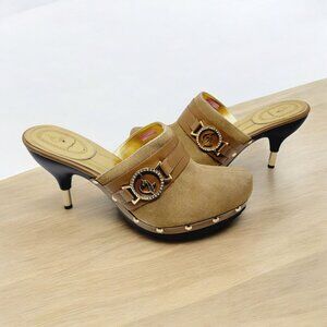 Baby Phat Tan Suede Mule Heels Gold Logo Buckle Rhinestone Studded Shoes sz 9